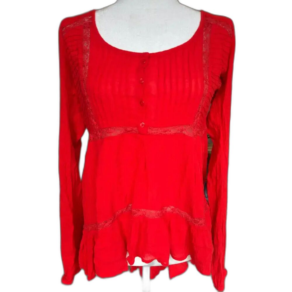 Free People Red Willow Glen High-Low Crochet Knit Button Tunic Top Size Small